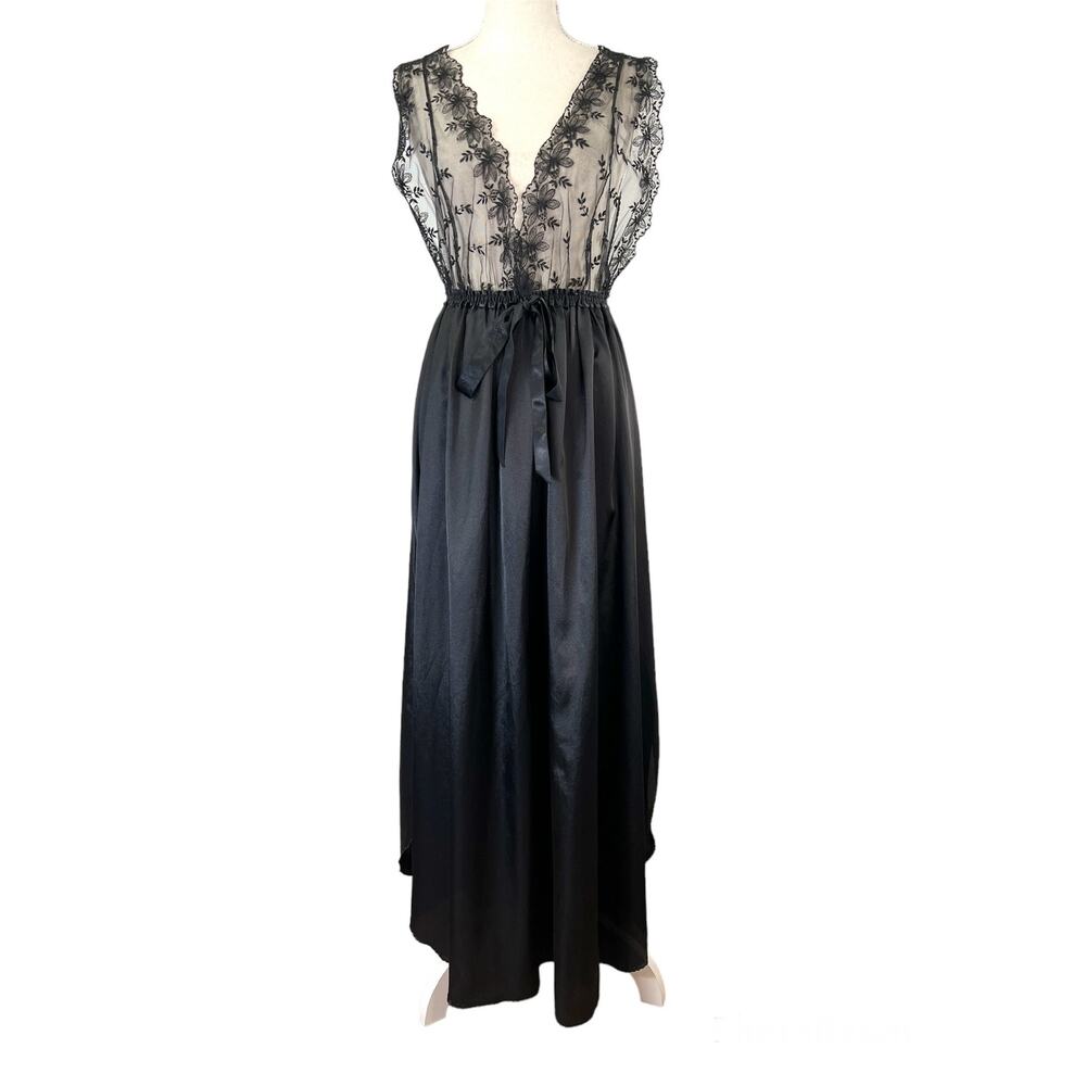 Vintage 70s Lily Of France Maxi Negligee Night Gown Black Bridal Lingerie